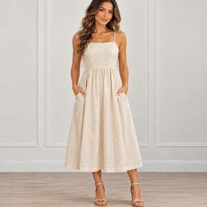 Every XS NWT Ivory Linen Blend Maxi Dress Pockets Open Back Cottagecore